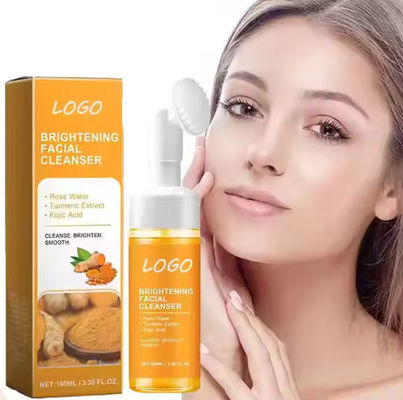 Private Label Brightening Whitening Deep Cleaning Organic Turmeric Kojic Acid Facial Cleanser Foam Face Wash With Brush
