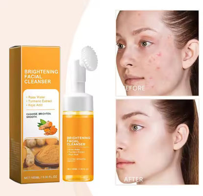 Private Label Brightening Whitening Deep Cleaning Organic Turmeric Kojic Acid Facial Cleanser Foam Face Wash With Brush