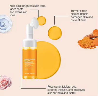Private Label Brightening Whitening Deep Cleaning Organic Turmeric Kojic Acid Facial Cleanser Foam Face Wash With Brush