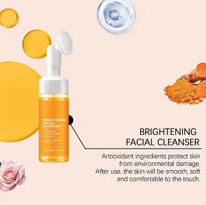 Private Label Brightening Whitening Deep Cleaning Organic Turmeric Kojic Acid Facial Cleanser Foam Face Wash With Brush
