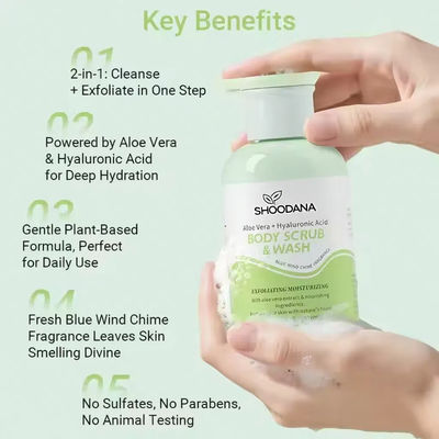 ODM / OEM Private Label 2-in-1 Exfoliating Body Scrub & Wash Aloe Vera HA Blue Wind Chime Fragrance for Deep Hydration Smooth Bright Skin