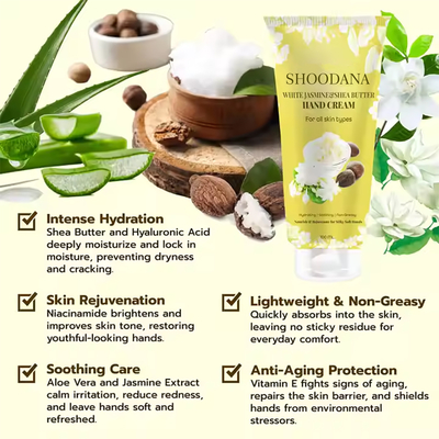 Hand Cream with Whitening & Moisturizing Features Shea Butter & Jasmine Hyaluronic Acid for Nourishing Softening Dry Hands